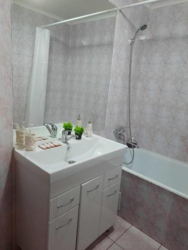 彼得罗巴甫洛夫斯克Уютная и просторная квартира в 50 метрах от городского парка的浴室配有白色水槽和淋浴。