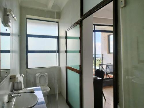 MeruTHE HOTEL EZRI的一间带水槽和卫生间的浴室以及窗户。