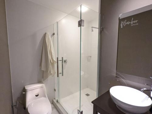 墨西哥城Luxury Condo Santa Fe Cosmocrat By Bamboo Skylife的带淋浴、卫生间和盥洗盆的浴室