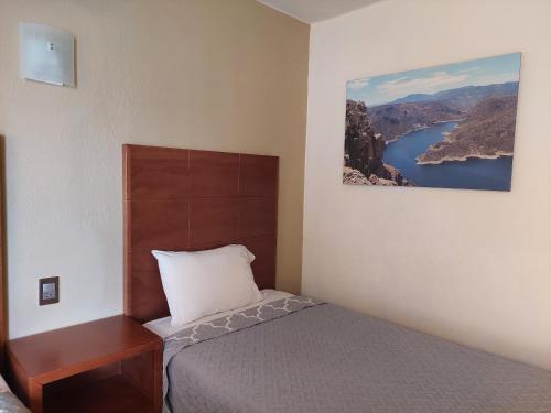 帕丘卡德索托Posada del Ángel的卧室配有一张床,墙上挂有绘画作品