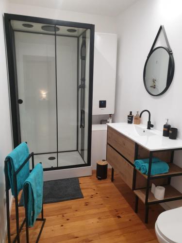 埃格利斯讷沃-当特赖格sas Road Runner Café的带淋浴、盥洗盆和镜子的浴室