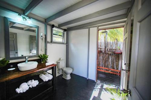 Conch Beach Cabins的一间带水槽、卫生间和镜子的浴室
