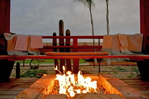 瓜达鲁佩镇Vides del Rio Suites的旁边设有长凳和椅子的火坑