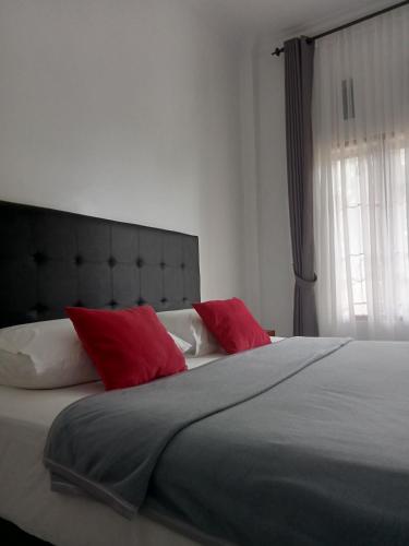 纳闽巴霍Guest House d Valeri的床上有两个红色枕头的床