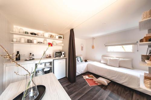 马尔孔滕塔威尼斯共和国露营旅馆的小房间设有床和厨房