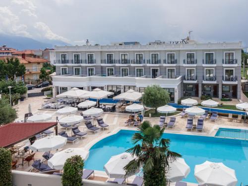 奥林匹亚基·阿克蒂Danai Hotel & Spa的享有酒店空中景色,设有游泳池和遮阳伞
