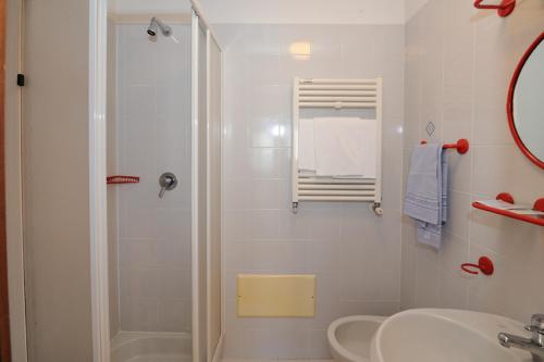 斯特雷萨伊莱娜酒店的带淋浴和盥洗盆的白色浴室