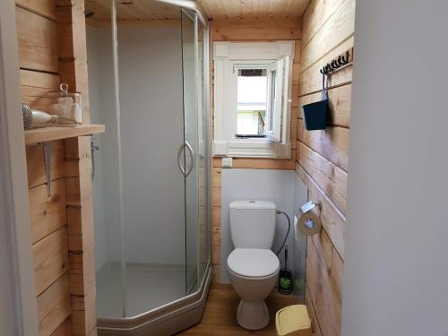 MedsėdžiųNamelis su ofuro vonia prie Plateliu ežero的一间带卫生间和淋浴的小浴室