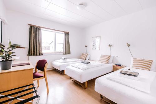 米湖埃尔达公寓的客厅配有两张床和一张书桌