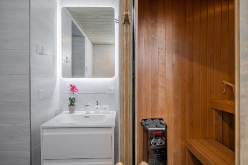 塔尔图Loode lux with sauna的浴室设有白色水槽和镜子