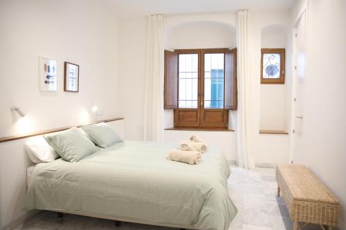 科尔多瓦Casa Arcadia的白色卧室设有一张大床和窗户