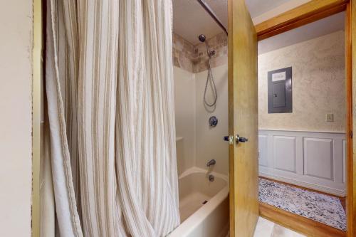 巴特利特Best Views of Mt Washington的带浴缸和淋浴帘的浴室