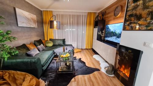 班斯科Apartmanica Double room apartment with balcony, St Ivan Rilski 4 star SPA Resort, Bansko的客厅配有绿色沙发和电视