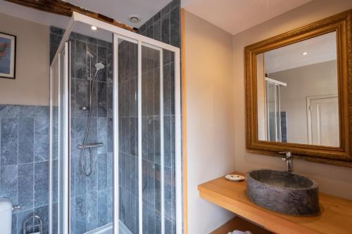 布尔日L'hôtel de Panette, charpente historique的带淋浴、盥洗盆和镜子的浴室