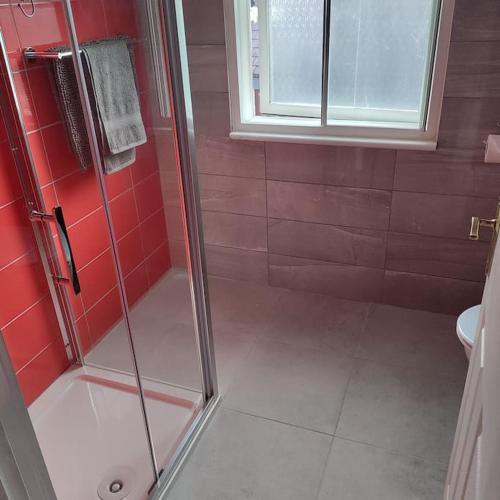 克利夫登Apt 3 The Grainstore的红色的浴室设有淋浴和卫生间。