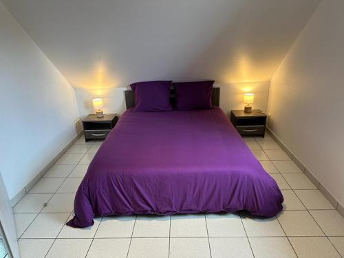 Les cerisiers的一张带两盏灯的小房间里紫色的床