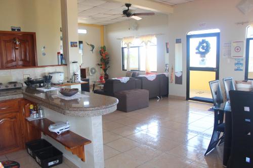 巴克里索莫雷诺港Hostal Romy的厨房以及带沙发和台面的客厅。