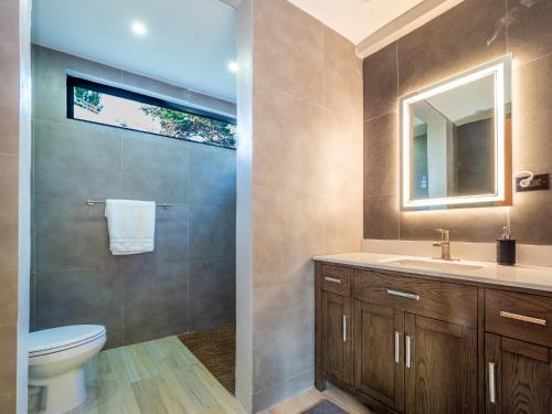 里奥格兰德Newly Renovated 8 Bedroom Ocean Front Villa with Pool的一间带卫生间、水槽和镜子的浴室