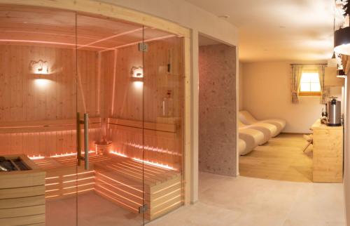摩德纳迪-坎皮格里奥Hotel Garnì Sant'Antonio con Spa的一间设有玻璃墙淋浴的客房