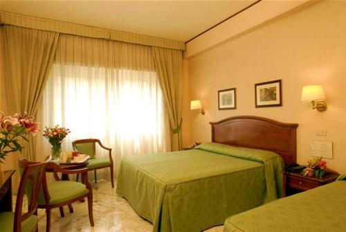 罗马桑皮耶特罗酒店的酒店客房设有床、桌子和窗户。