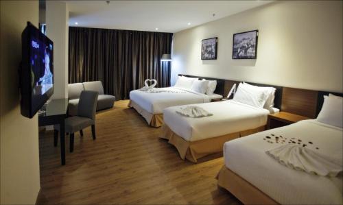 关丹关丹青杨酒店的酒店客房设有两张床和一台平面电视。
