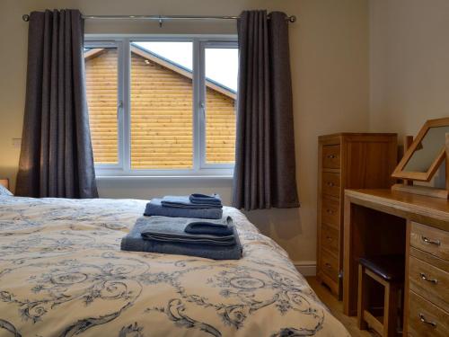 兰德林多德威尔斯Bluebell Lodge的一间卧室配有带梳妆台和窗户的床。