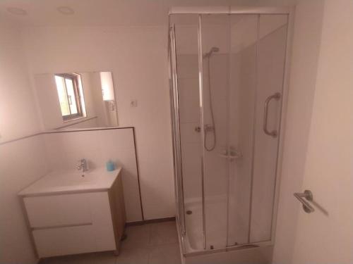 阿尔玛根Ginjals 67的带淋浴、盥洗盆和镜子的浴室