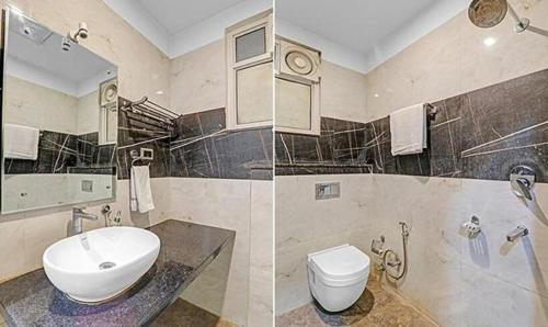 勒克瑙FabHotel Sam Inn的浴室设有水槽和卫生间,两幅图片