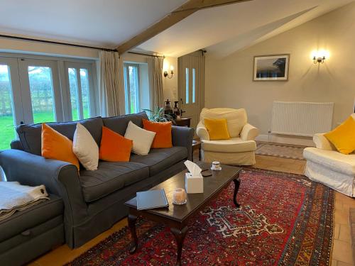 BaltonsboroughThe Long Barn的客厅配有蓝色沙发和橙色枕头。