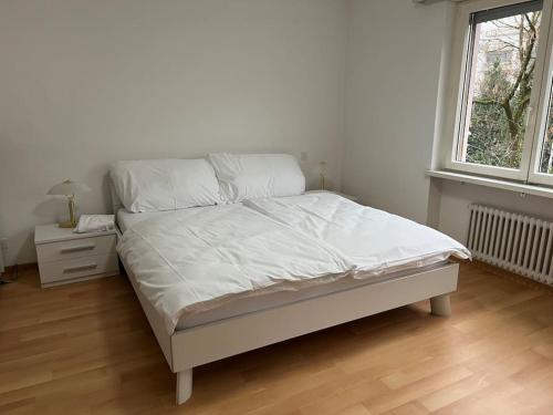 瓦杜兹Castle View Big Appartment Vaduz Center的一间卧室配有一张带白色床单的床和一扇窗户。