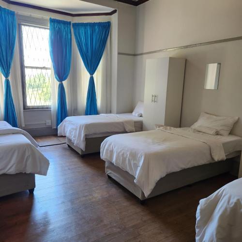 彼得马里茨堡Msunduzi River View backpackers的带蓝色窗帘的客房内的三张床