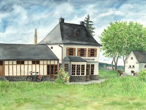 GreifensteinKleines Bahnhofshotel (Gästezimmer)的田野中房屋的绘画