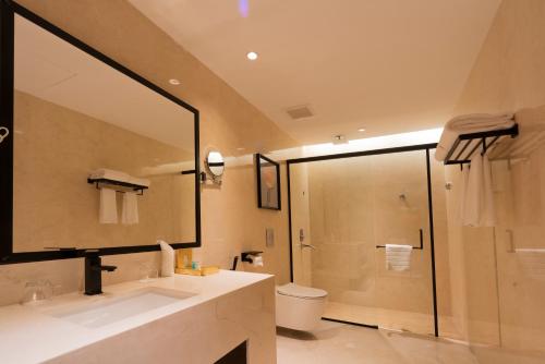 泰布克Aris Star的带淋浴、盥洗盆和镜子的浴室
