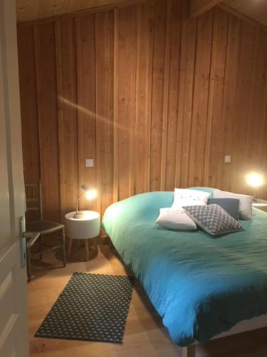 雷日卡普费雷Cabane Chic au Cap Ferret的一间卧室配有一张床、一张桌子和一盏灯