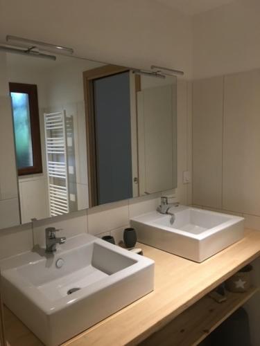 雷日卡普费雷Cabane Chic au Cap Ferret的一间带两个盥洗盆和大镜子的浴室