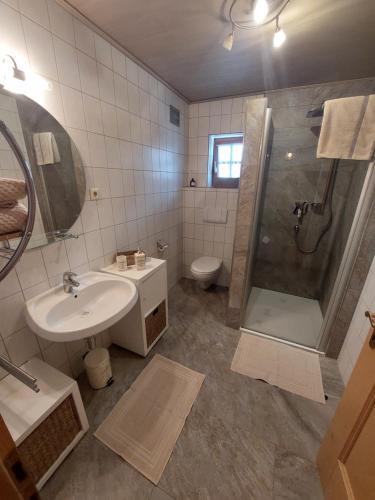 劳里斯Haus Manuela sonnige Aussicht mit Bergpanorama inkl NATIONALPARK CARD的一间带水槽、淋浴和卫生间的浴室