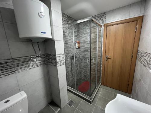贝尔格莱德Aster Apartments的带淋浴、卫生间和盥洗盆的浴室