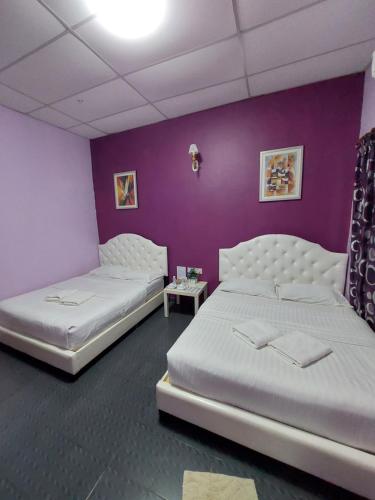 瓜拉大汉塔曼内加拉河景山林小屋的紫色墙壁客房的两张床
