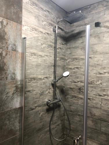 乌曼岛Однокімнатна квартира的带淋浴的浴室(带木墙)