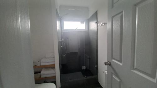 纳塔列斯港CABAÑAS PAMPAS AUSTRALES的带淋浴的浴室和玻璃门