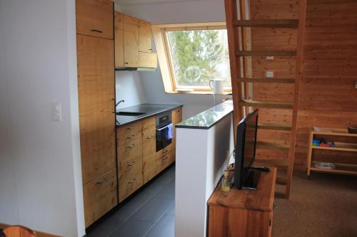 芙露姆赛山Haus Gimpel Flumserberg的一个带木制橱柜和一台电视的厨房