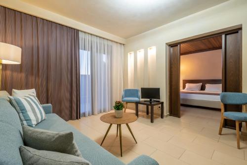 Agios Ioannis Kaspaka港口广场酒店的一间带蓝色沙发的客厅和一间卧室