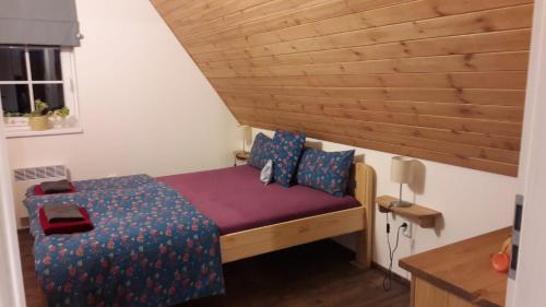 Nova Ves nad NisouChaloupka pod Kančí stezkou的一间小卧室,配有一张床和木制天花板