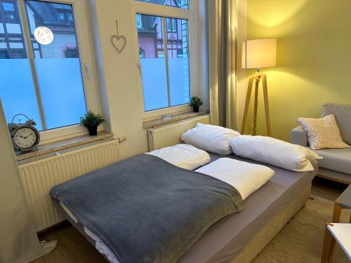 普劳恩Stilvolle, charmante Ferienwohnung in Plauen的一张位于带2扇窗户的房间的床