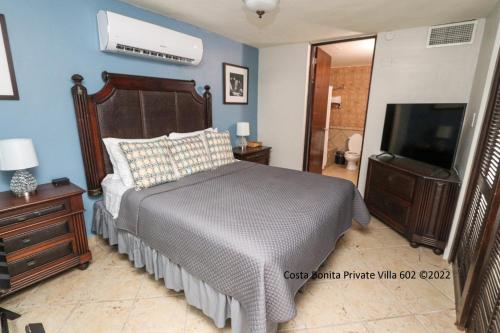 库莱布拉Costa Bonita Private Villa 602的一间卧室配有一张床和一台平面电视