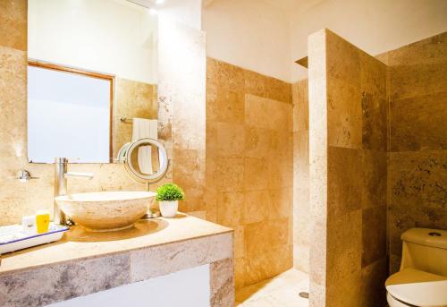 巴亚尔塔港Hotel Suites Mar Elena的一间带水槽、卫生间和镜子的浴室