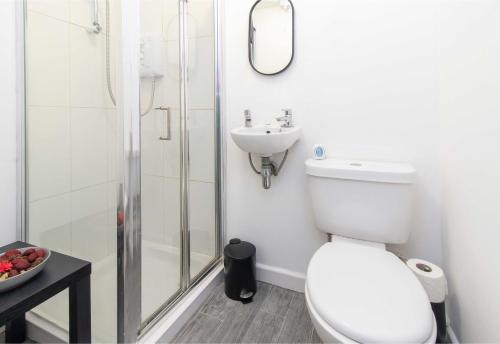 达宁顿堡Stylish & Central 2 bedroom apartment - Fast WiFi的浴室配有卫生间、盥洗盆和淋浴。