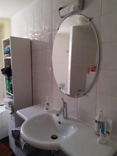 博尔赫隆Loft in Borgloon的浴室设有白色水槽和镜子