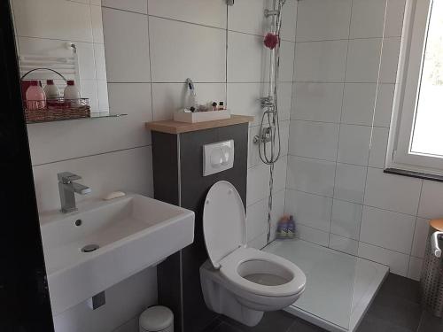 PosterholtVrijstaande recreatievilla met ruime omheinde tuin的浴室配有白色卫生间和盥洗盆。
