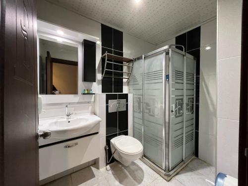 梅尔辛Grand Ezel Hotel的浴室配有卫生间、盥洗盆和淋浴。